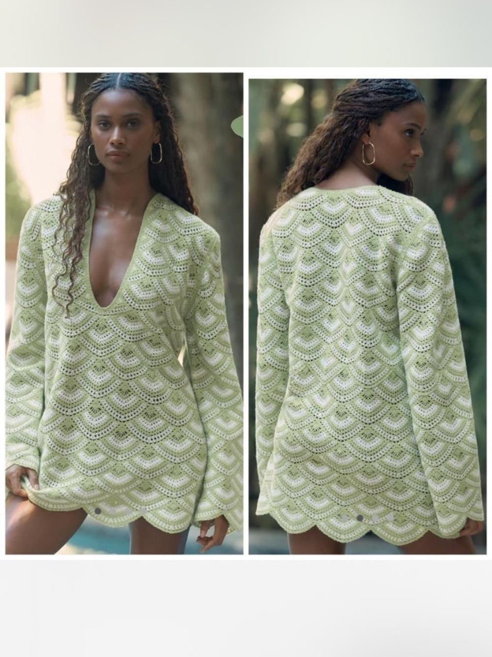 Celandine Chartreuse & White Crochet V-Neck Coverup Tunic - EUC - Picture 1 of 5